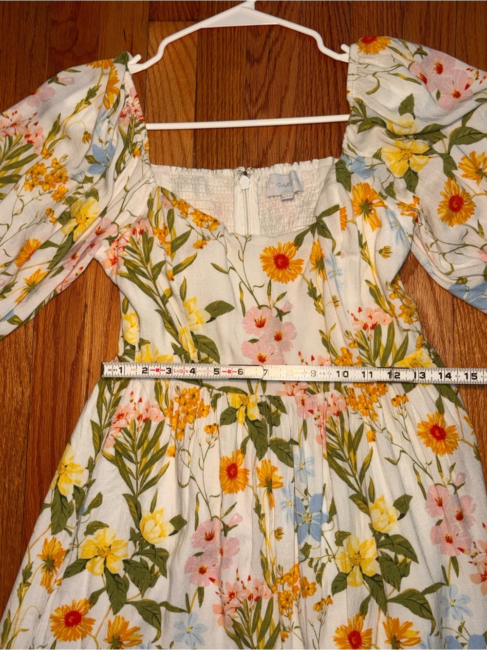 Sugarlips Floral Puff Sleeve Midi Dress Cottagecore Lined Smocked Size Small - Picture 10 of 15